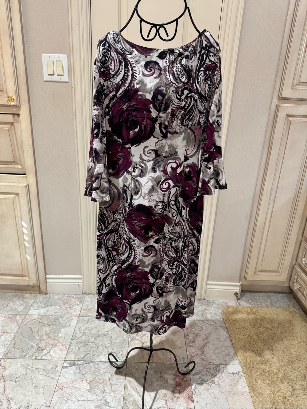 connected apparel Long Sleeve Midi Dress in Plum, Gray, and White